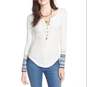Free People Newbie Ski Lodge Cuff Thermal Henley Top Waffle Knit Layering Blue S